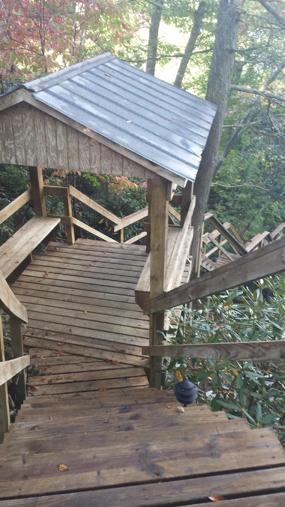 Metal roofed shelter over wooden steps on a wooded walkway — Skylight Repair & Installation work by our crew in Ranchita